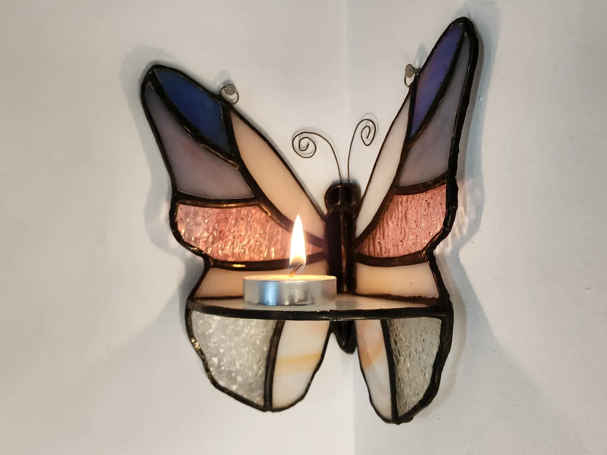 Butterfly Tealight Candle Holder Wall Art, Stained Glass, Assorted Colors